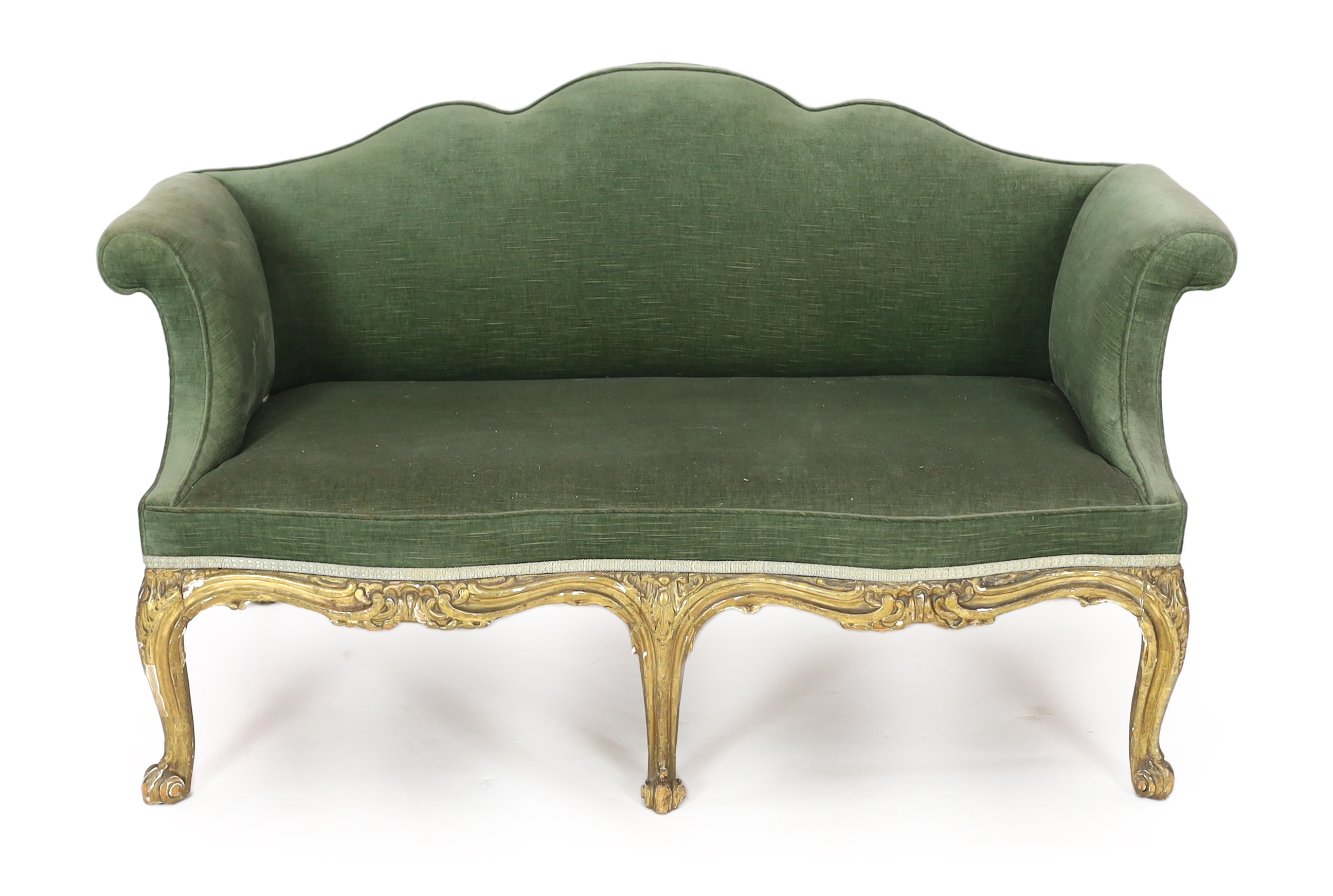 A mid 18th century Louis XV style giltwood settee 156cm wide, 82cm deep, 86cm high